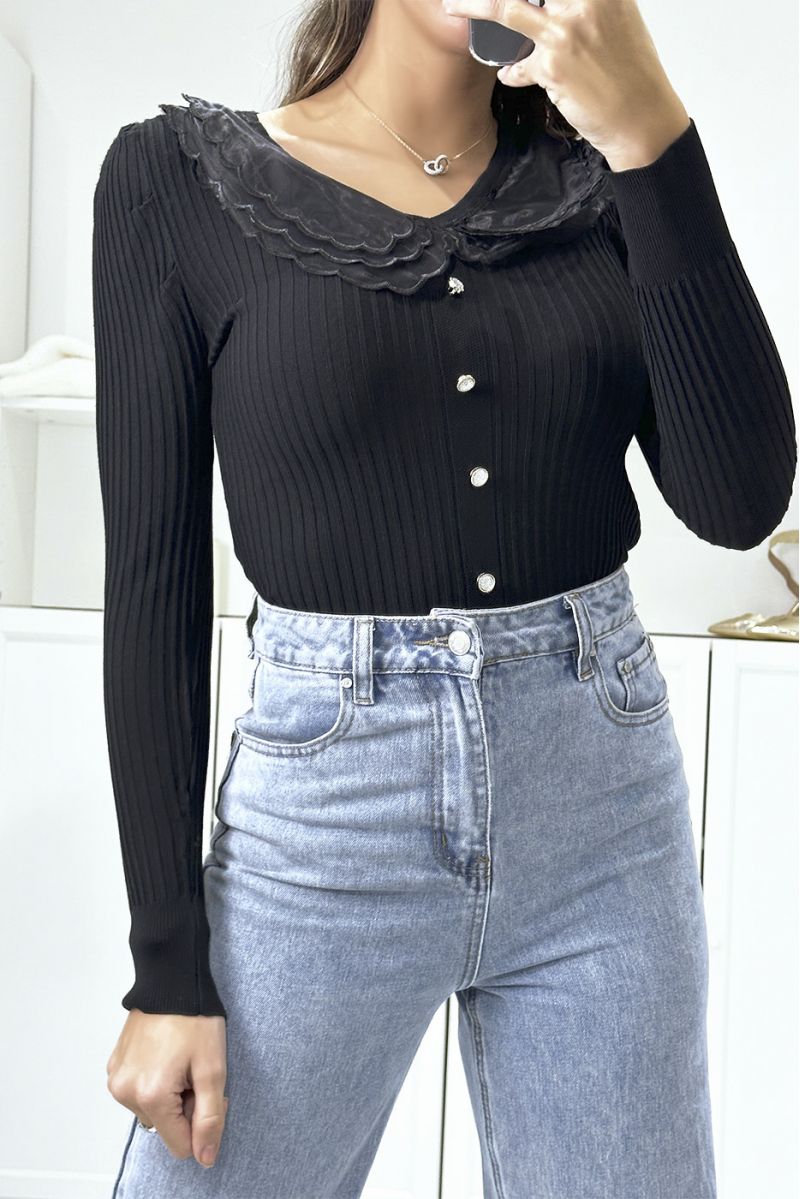 Black ribbed top with peter pan collar and gold buttons - 3