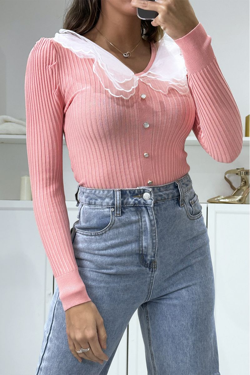 Pink ribbed top with peter pan collar and gold buttons - 1