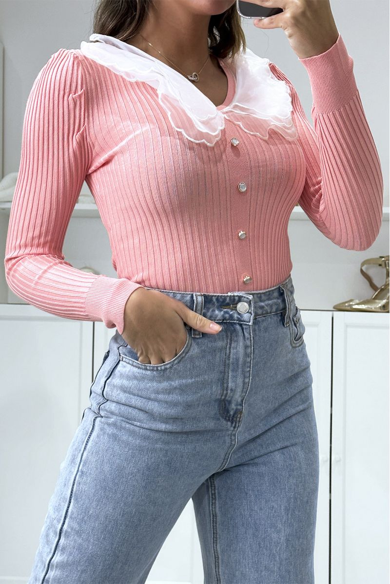 Pink ribbed top with peter pan collar and gold buttons - 3