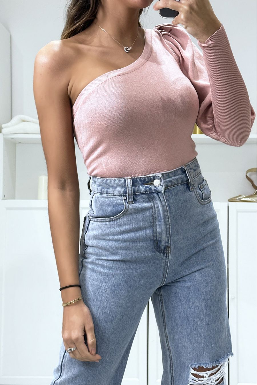 Roze double-breasted sweater met gebreide pofmouw - 1