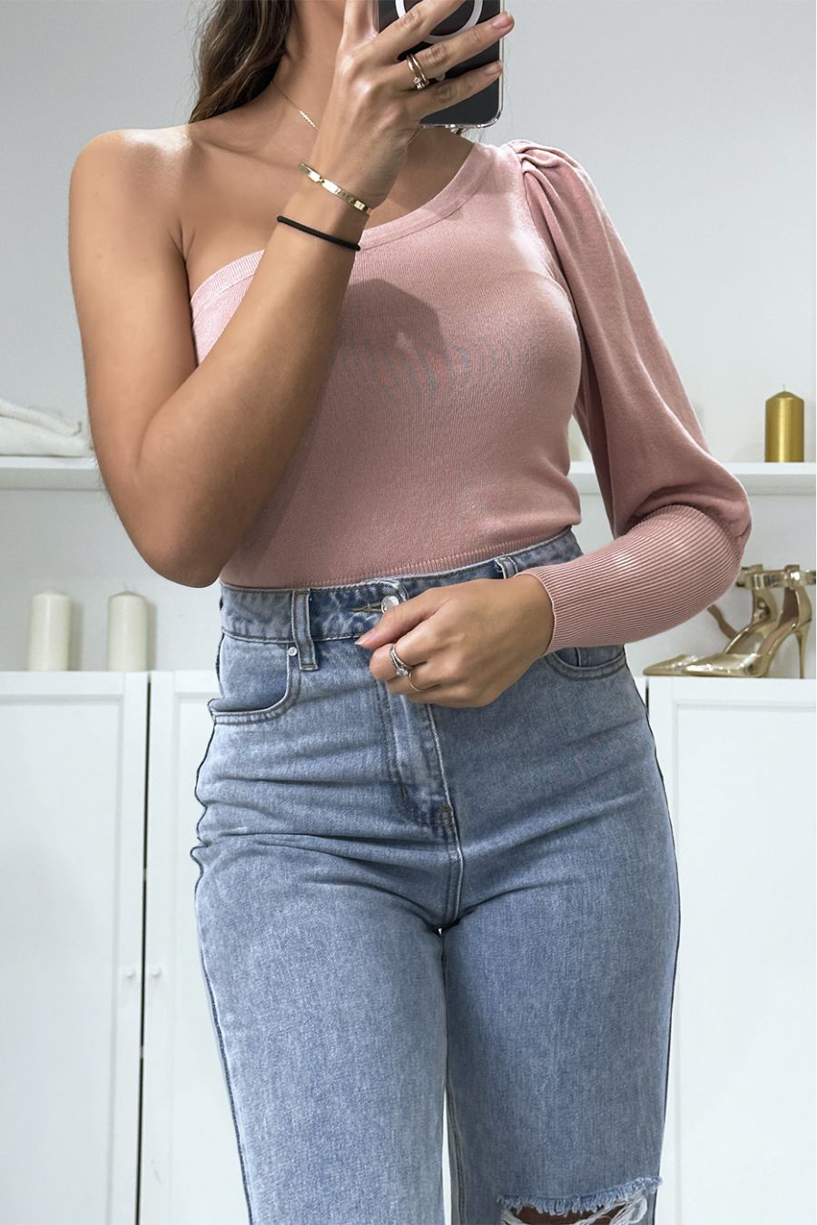 Roze double-breasted sweater met gebreide pofmouw - 3