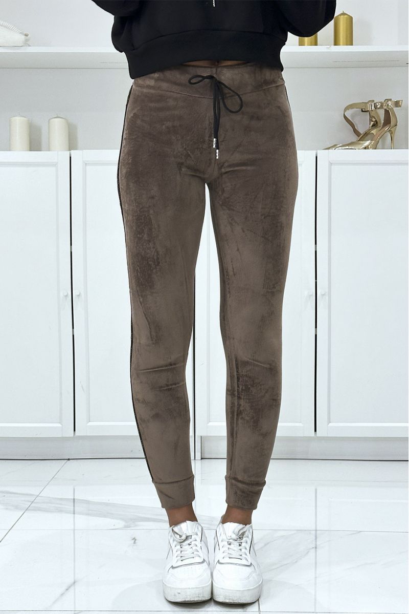 Taupe joggers in peach skin with inpi bands on the sides - 2