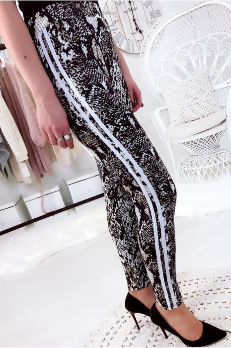 Pantalon cigarette molletonné motif python avec poche et bande blanc - 3
