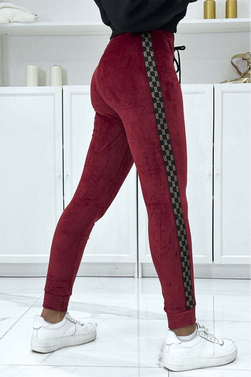 Burgundy joggers in peach skin with inpi bands on the sides - 2