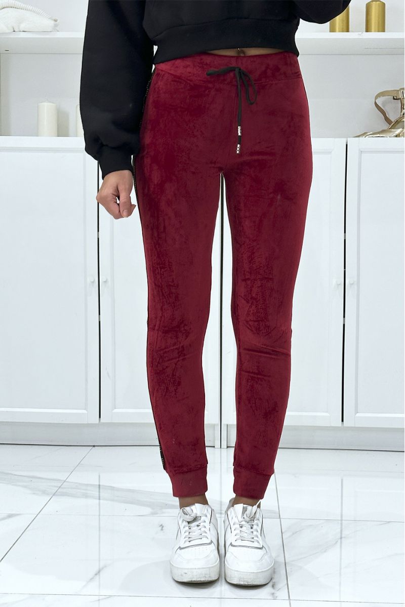 Burgundy joggers in peach skin with inpi bands on the sides - 3