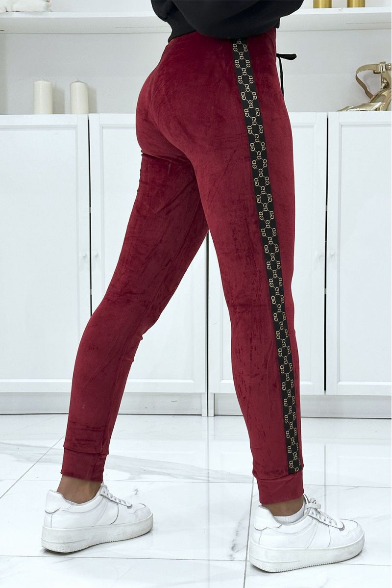 Burgundy joggers in peach skin with inpi bands on the sides - 4