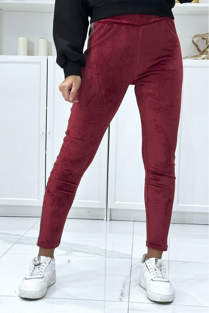 Burgundy joggers in peach skin with shiny stripes on the sides - 1