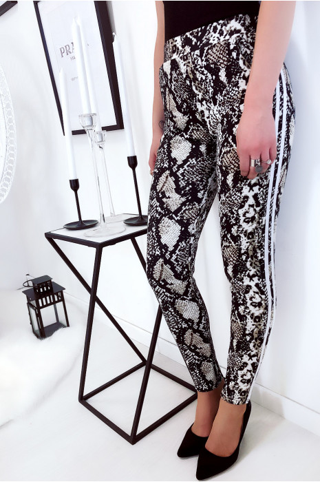 Pantalon cigarette molletonné motif python avec poche et bande blanc - 8