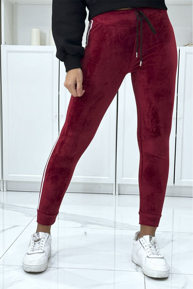 Burgundy joggers in peach skin with white stripes on the sides - 1