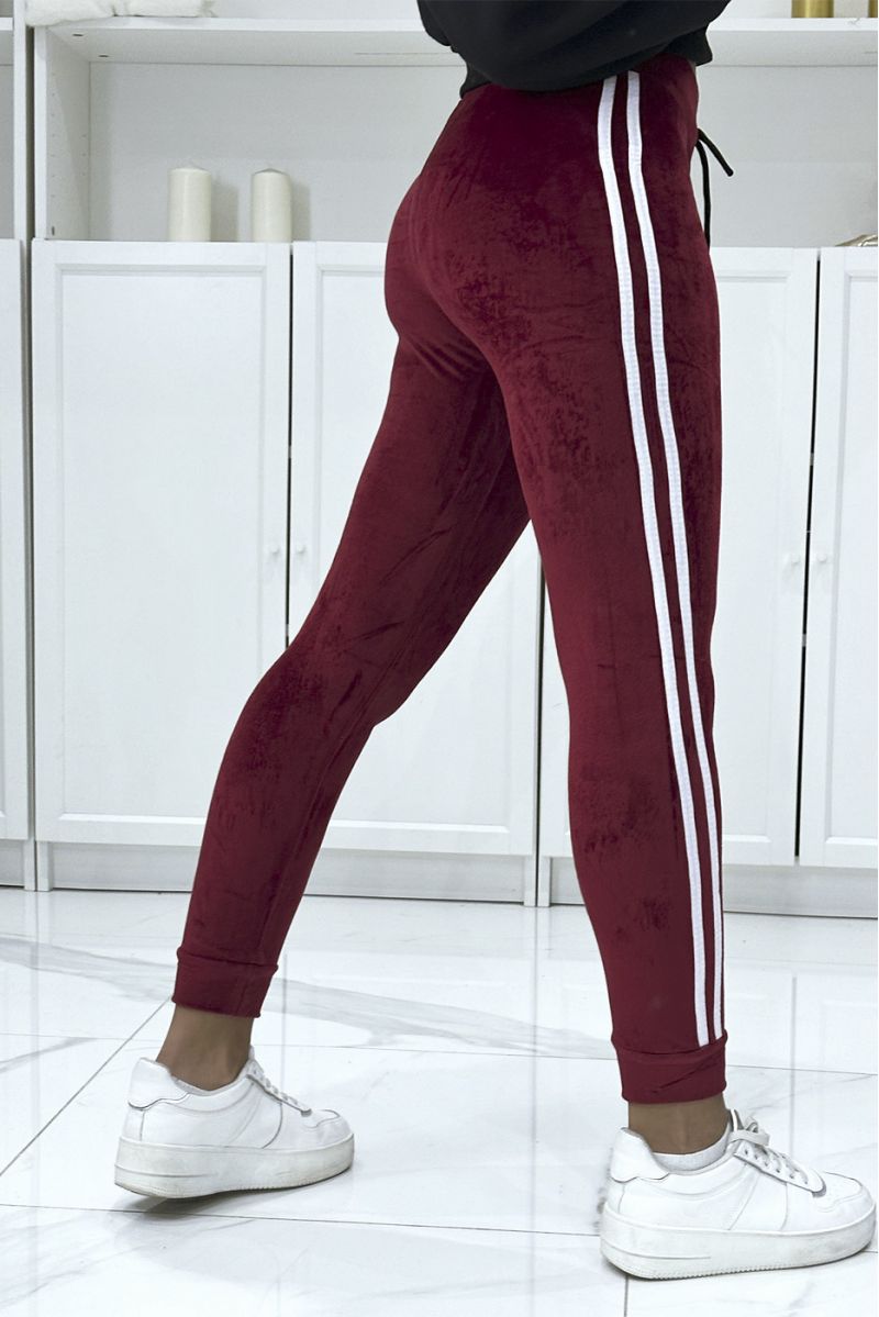 Burgundy joggers in peach skin with white stripes on the sides - 3