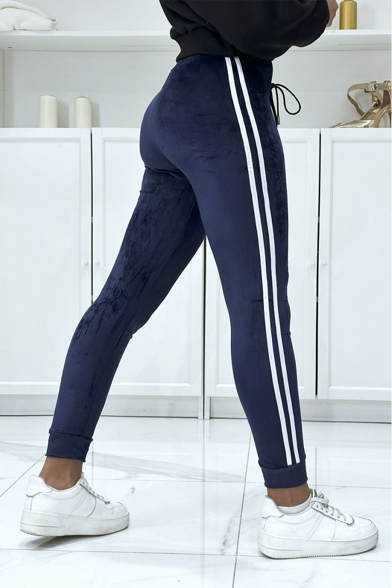 Navy joggers in peach skin with white stripes on the sides - 3