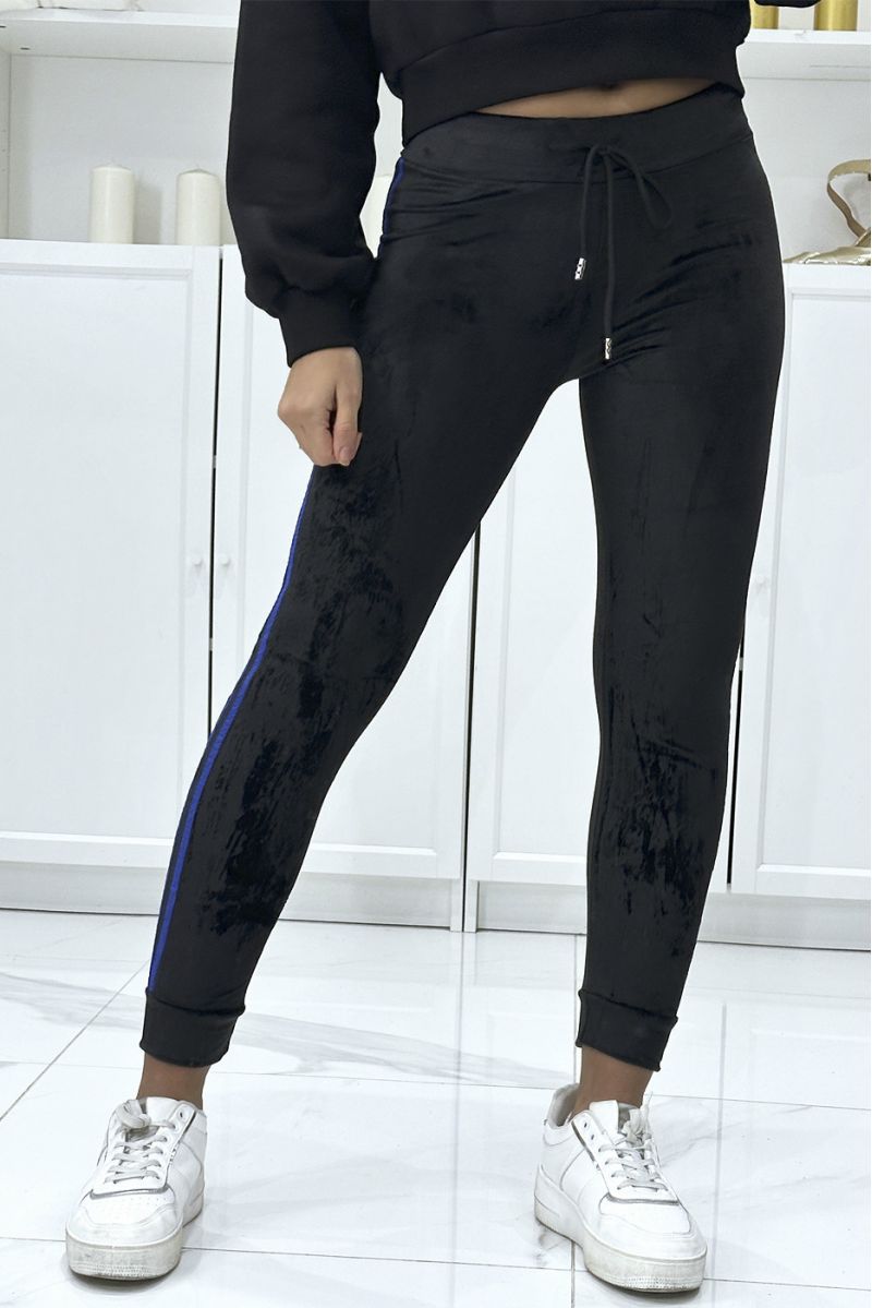 Black peach skin joggers with royal stripes on the sides - 1