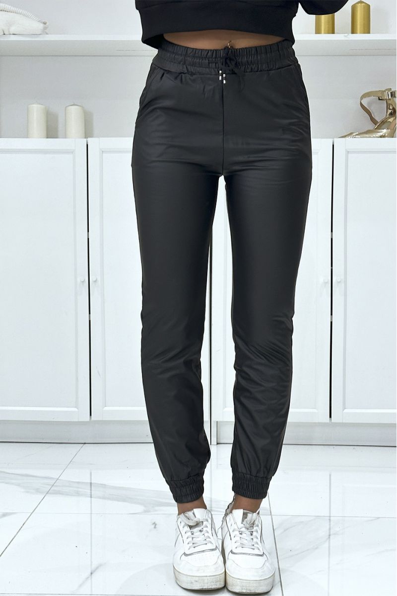 Black faux leather cargo joggers with pockets. women's joggers