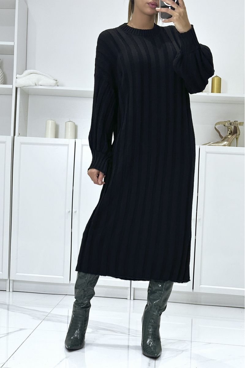 Longue robe pull noire over size manche ballon  - 2