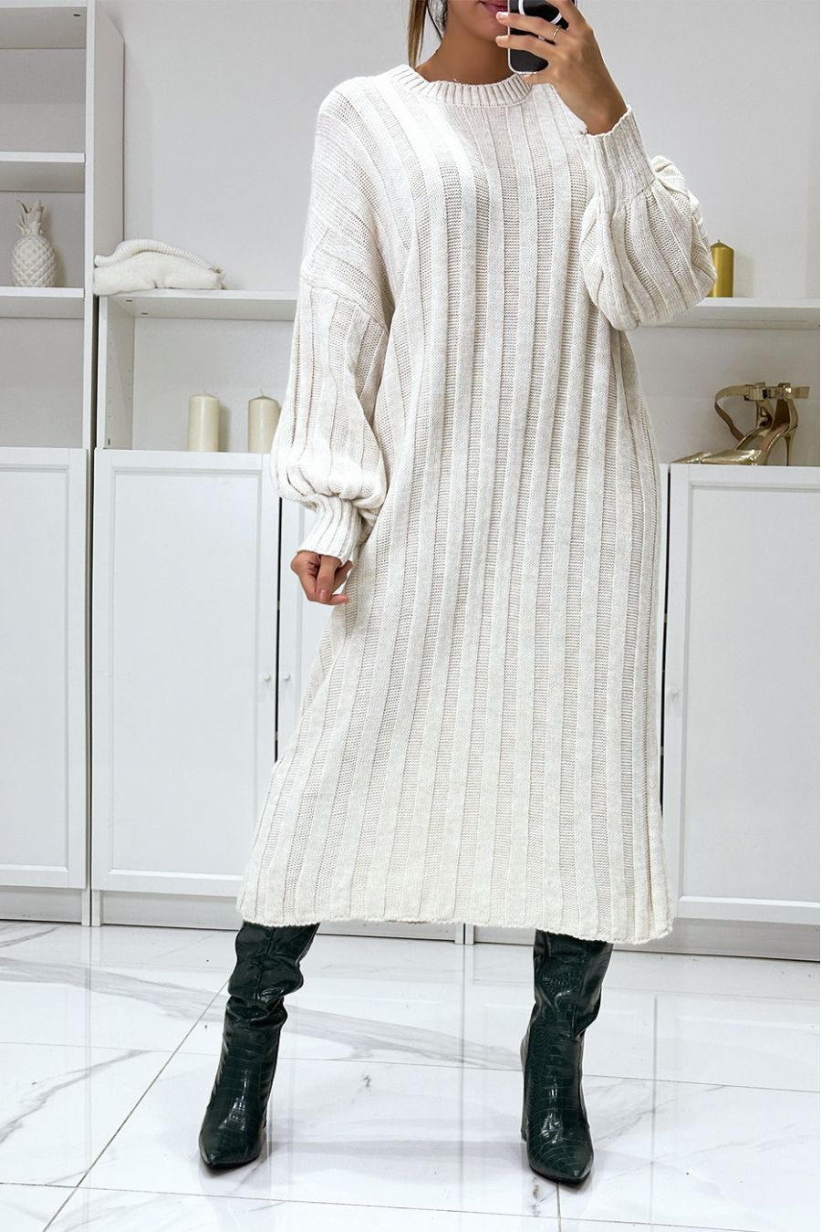 Longue robe pull beige over size manche ballon  - 1