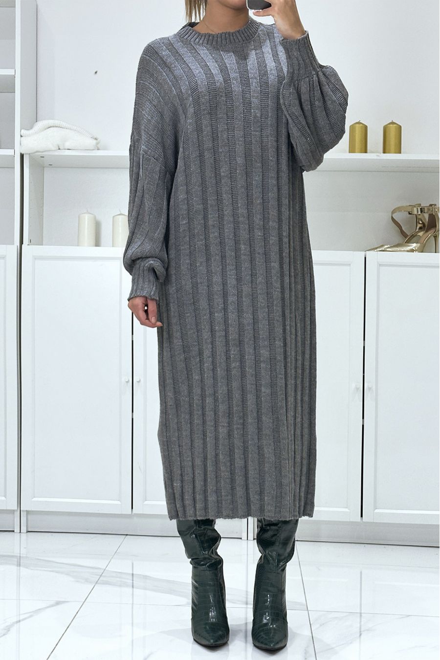 Long oversized anthracite jumper dress with balloon sleeves - 3