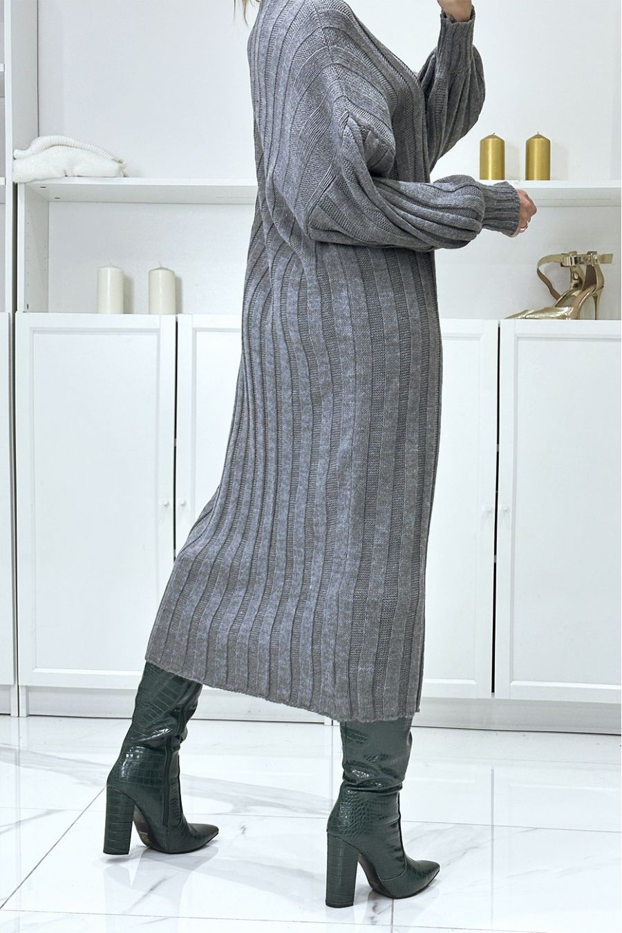 Long oversized anthracite jumper dress with balloon sleeves - 4