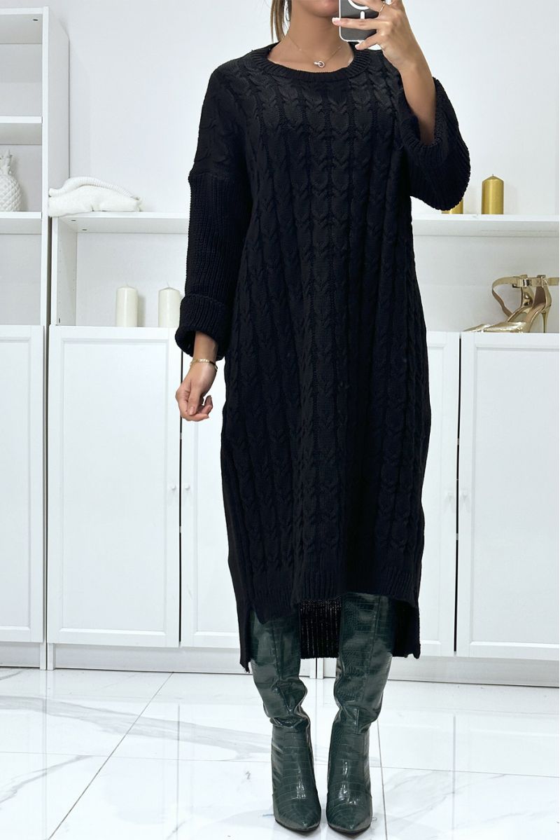 Lange zwarte oversized gevlochten trui-jurk met reversmouwen - 1