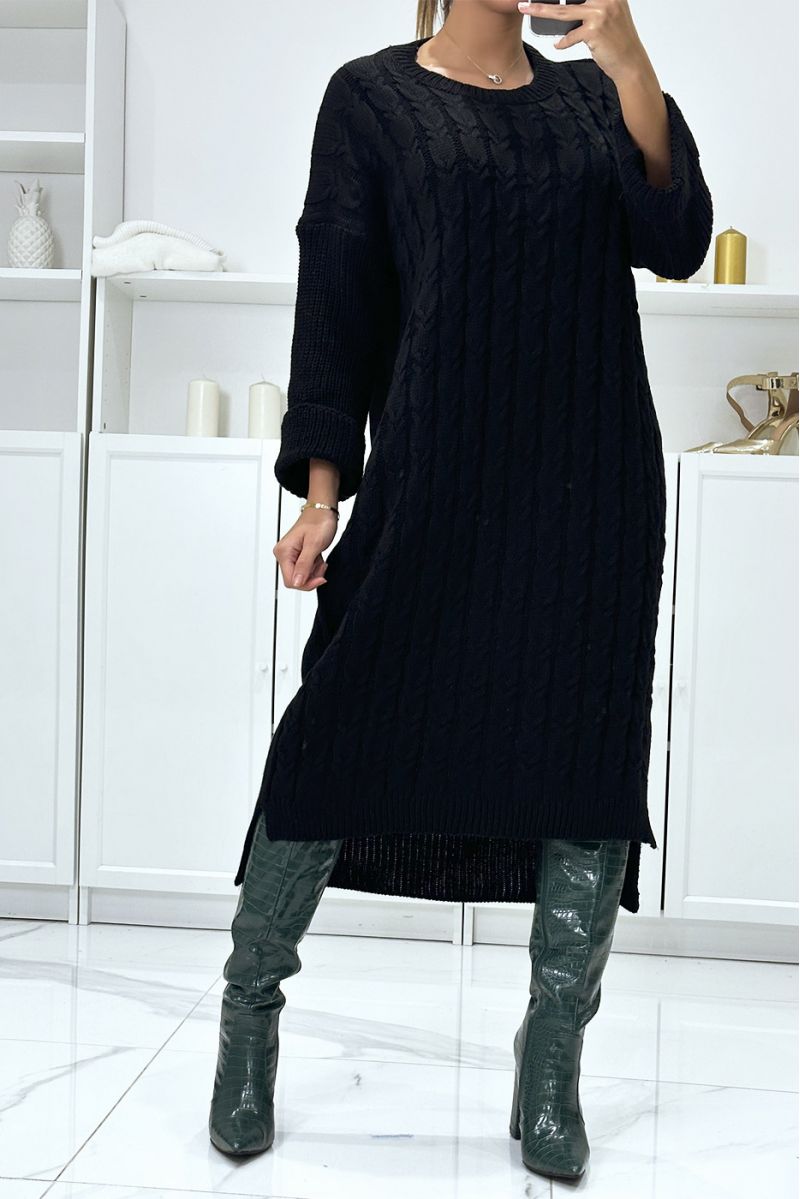 Lange zwarte oversized gevlochten trui-jurk met reversmouwen - 2