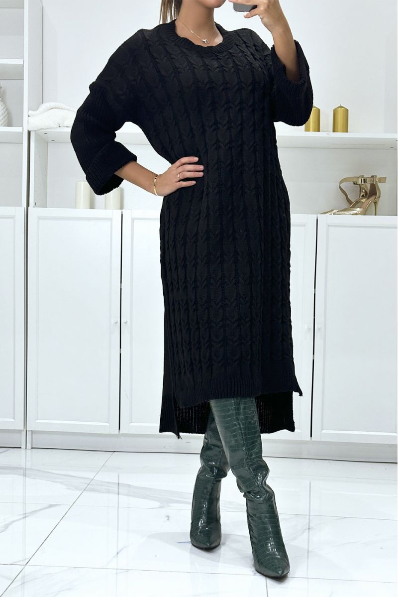 Lange zwarte oversized gevlochten trui-jurk met reversmouwen - 3