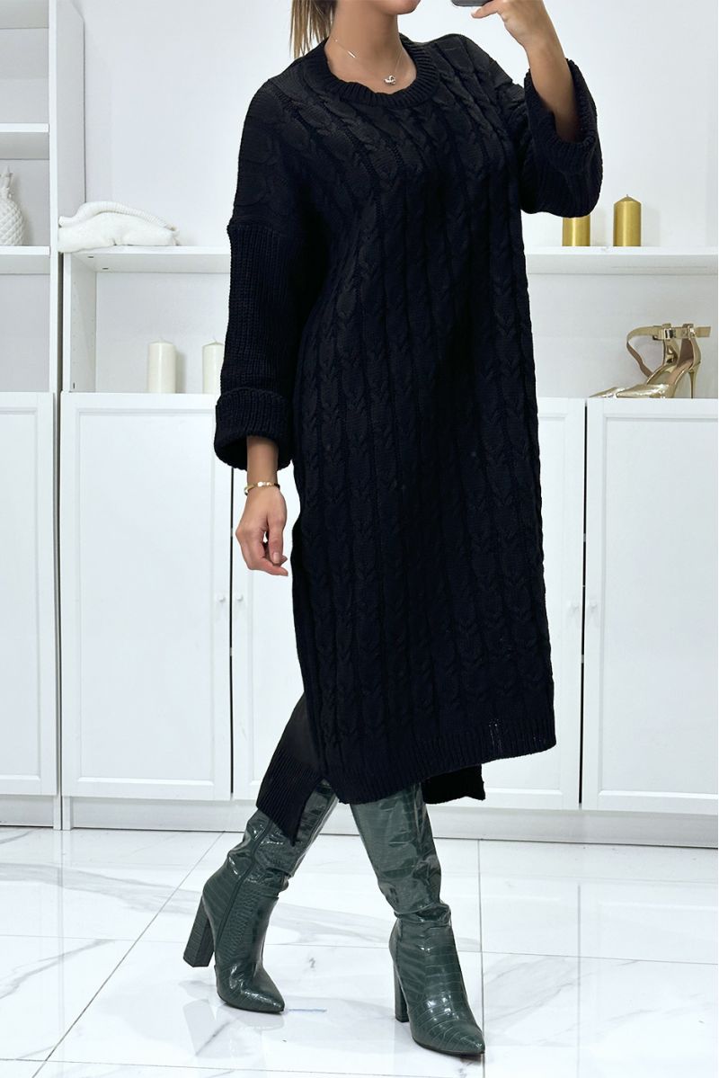 Lange zwarte oversized gevlochten trui-jurk met reversmouwen - 4