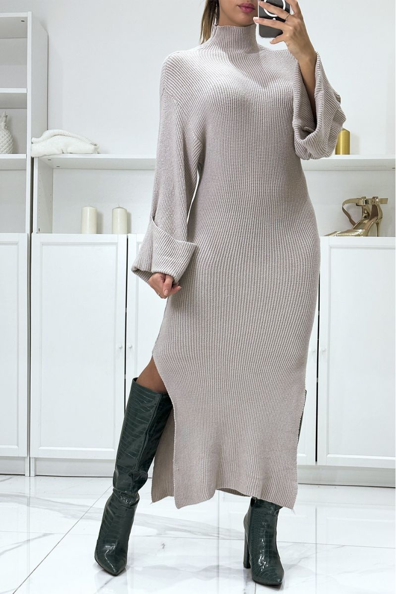 Longue robe pull taupe tombante très class avec manches revers  - 2