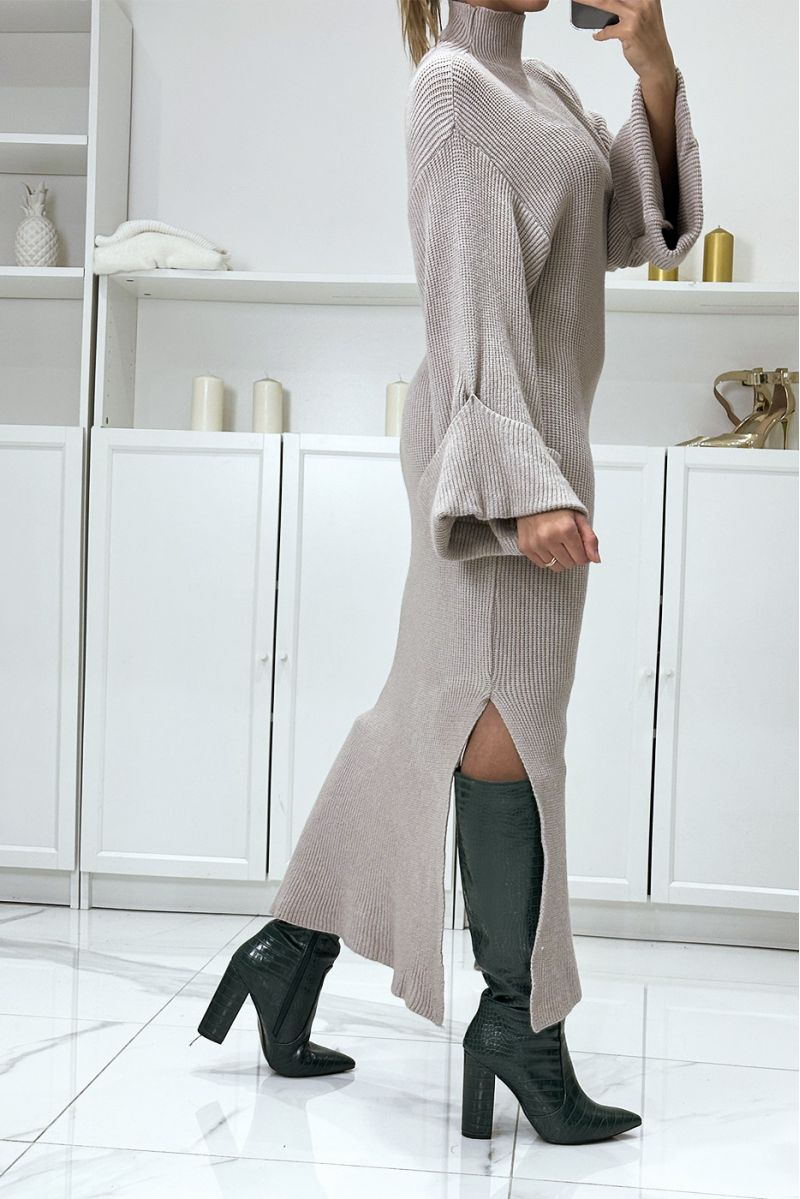 Longue robe pull taupe tombante très class avec manches revers  - 3