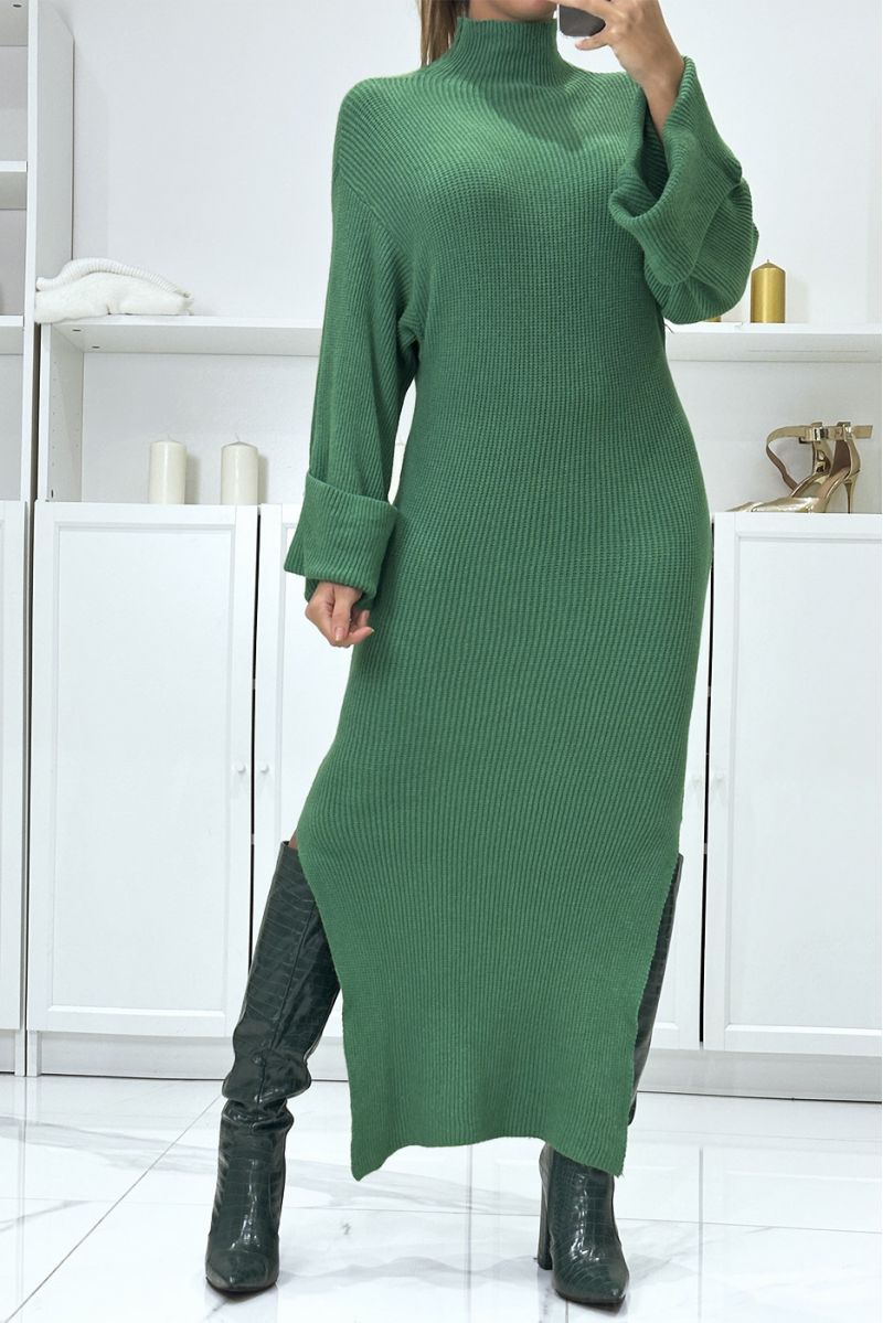 Longue robe pull verte tombante très class avec manches revers  - 1