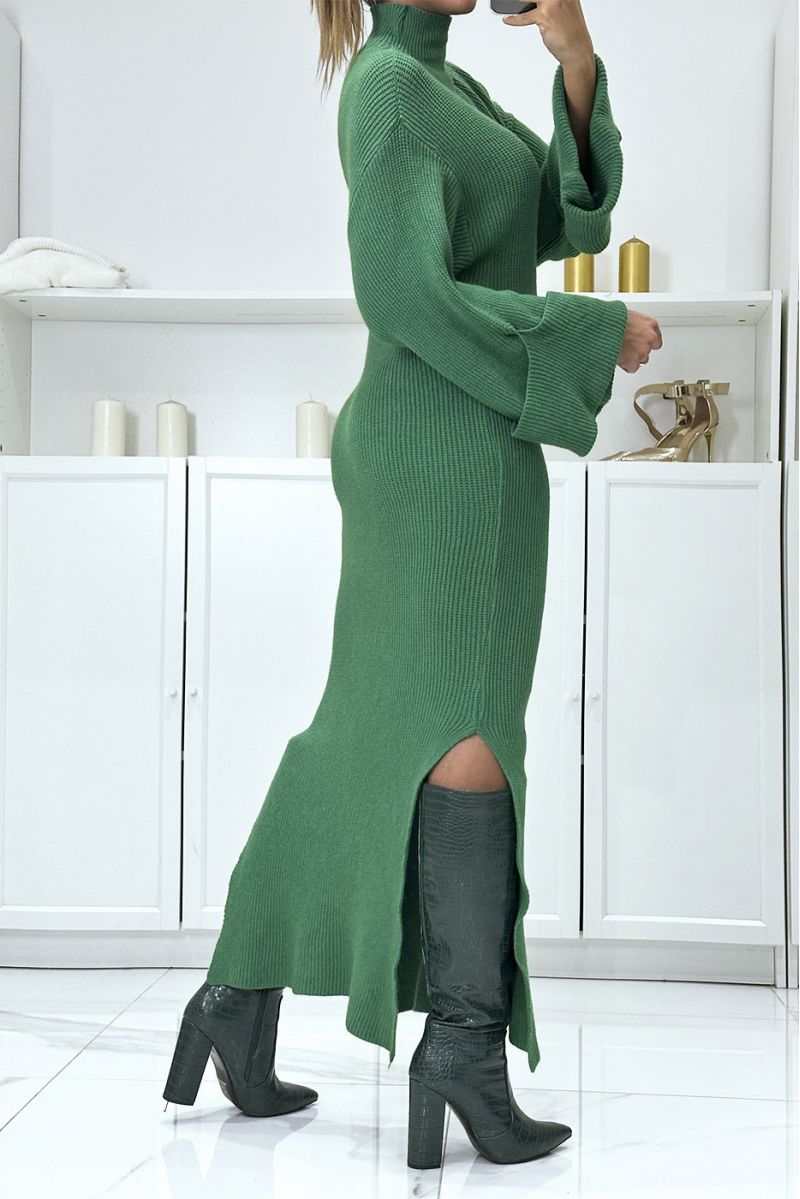 Longue robe pull verte tombante très class avec manches revers  - 3