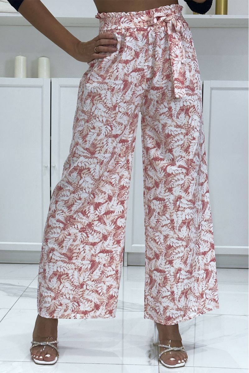 Pantalon palazzo avec joli motif feuille rose - 2