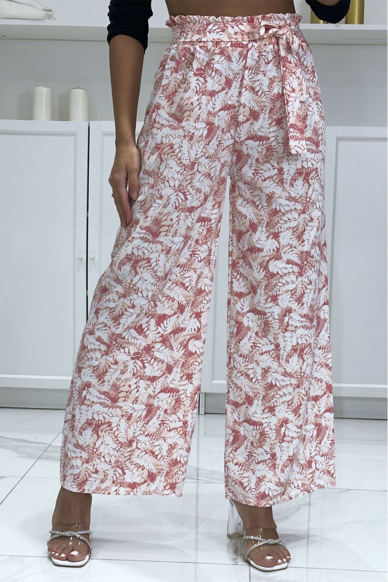 Pantalon palazzo avec joli motif feuille rose - 3