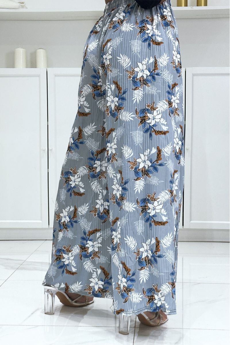 Pantalon palazzo plissé gris avec motif fleuris - 1