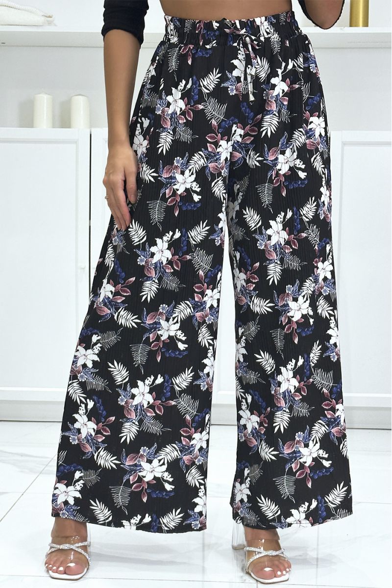 Black pleated palazzo pants with floral pattern - 2