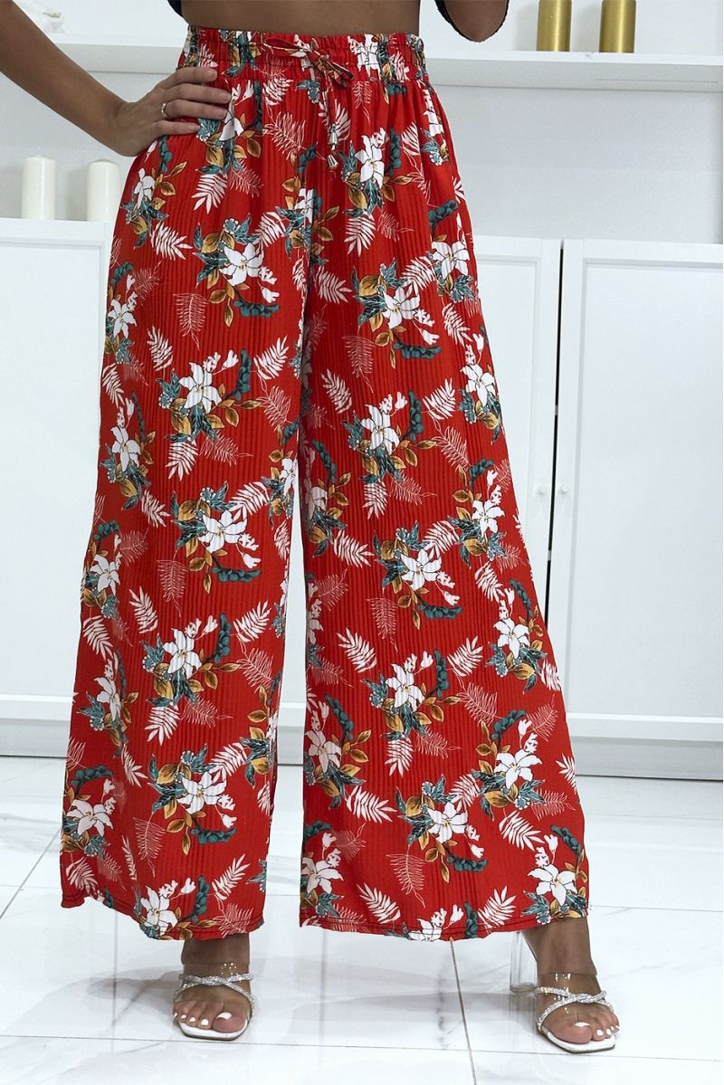Pantalon palazzo plissé rouge avec motif fleuris - 2