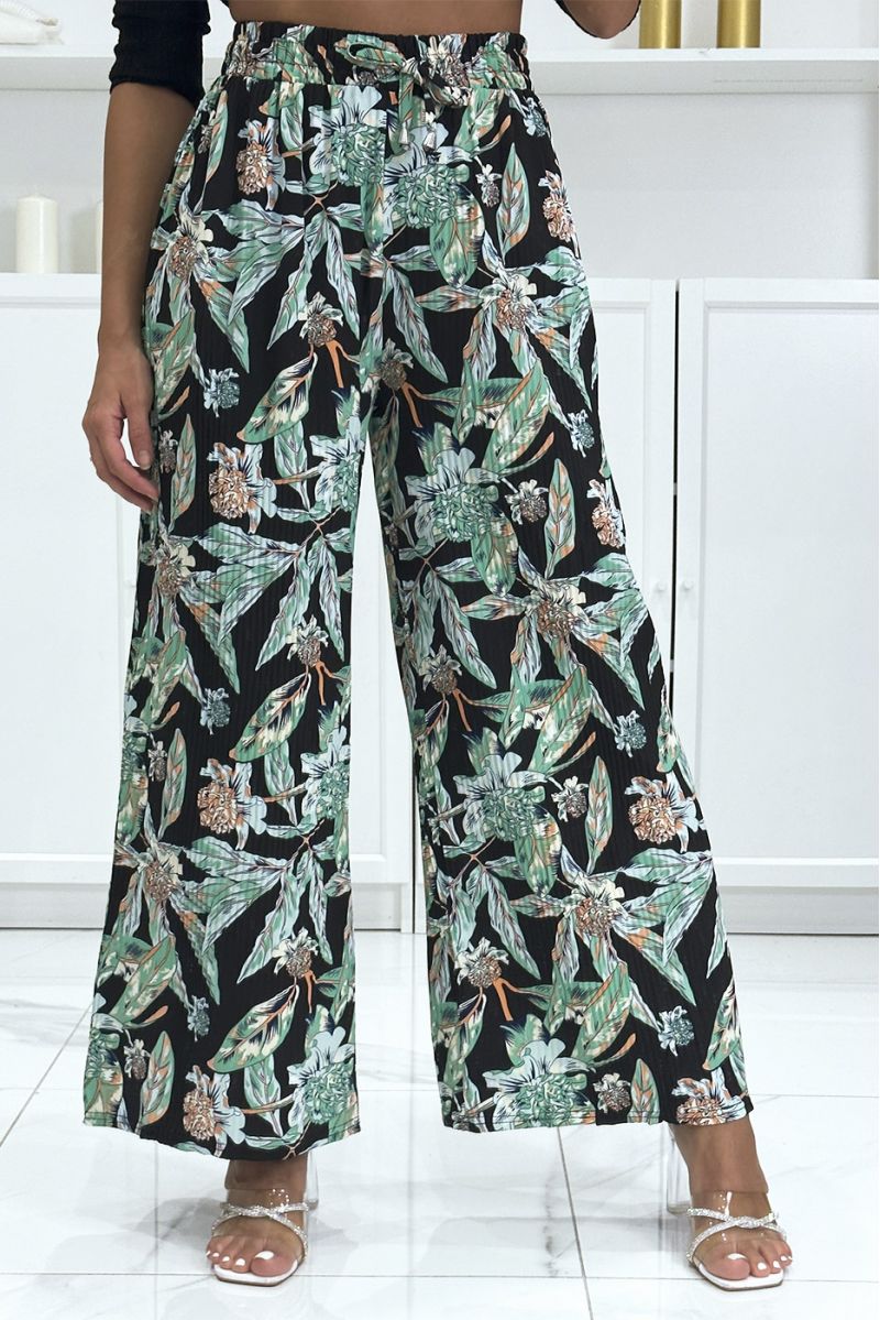 Pantalon palazzo plissé noir avec motif fleuris - 2