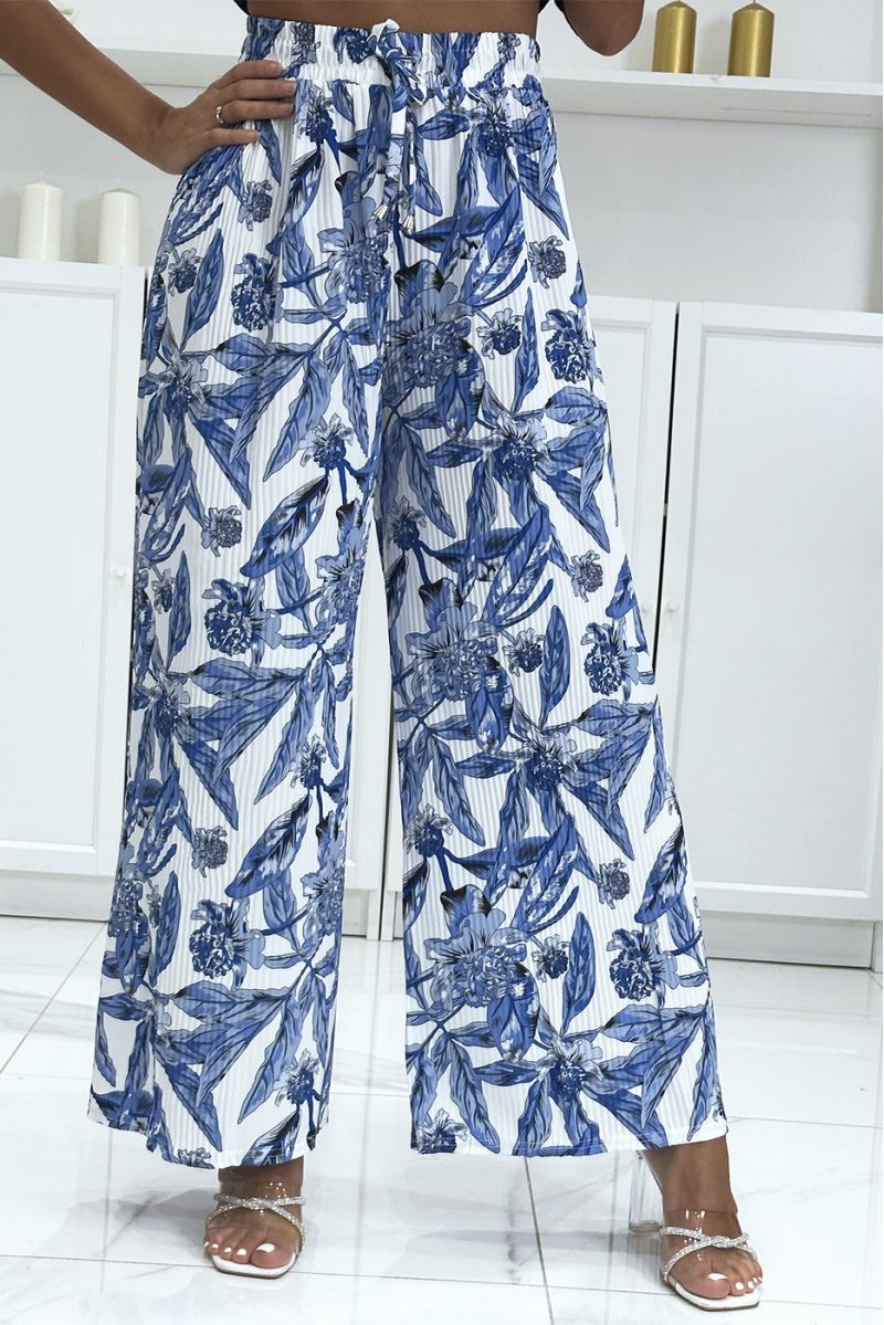 Pantalon palazzo plissé bleu avec motif fleuris - 2