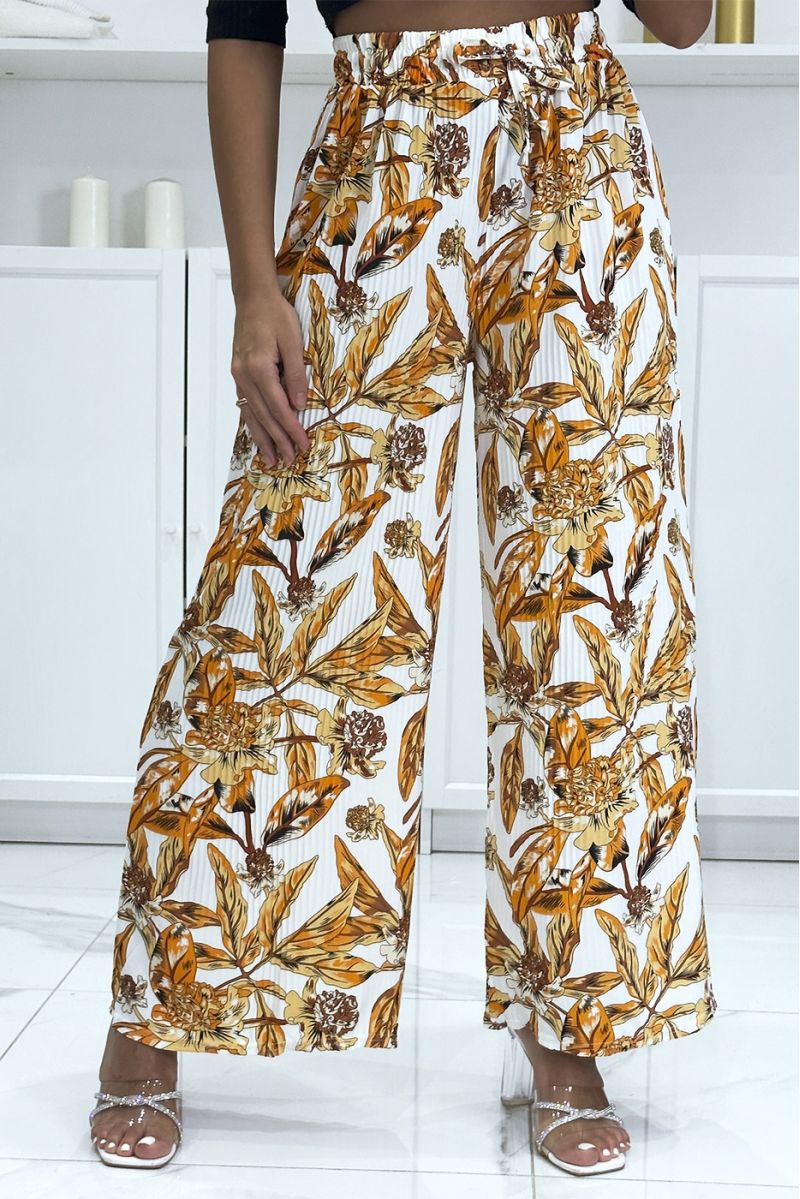 Pantalon palazzo plissé orange avec motif fleuris - 3