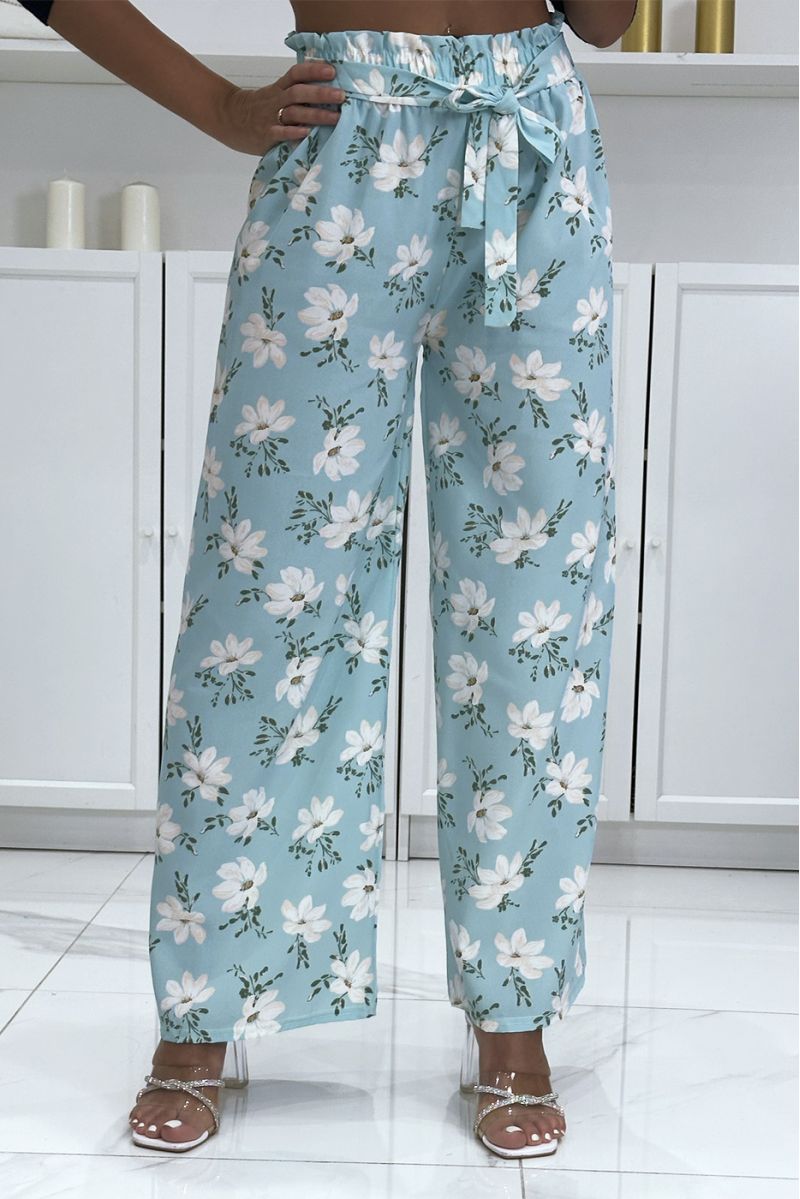 Pantalon palazzo bleu avec motif fleuris - 3