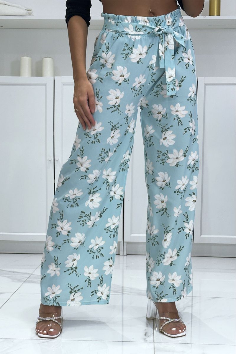 Blue palazzo pants with floral pattern - 4