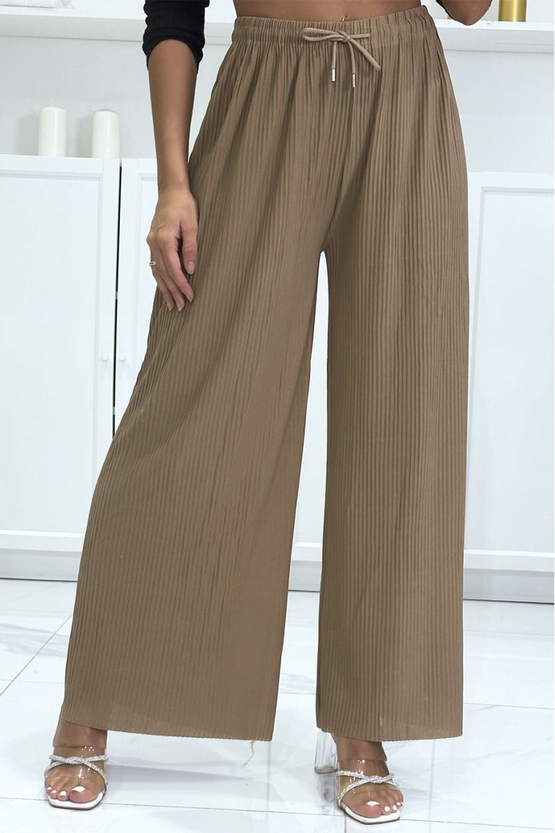 Trendy camel pleated palazzo pants - 2