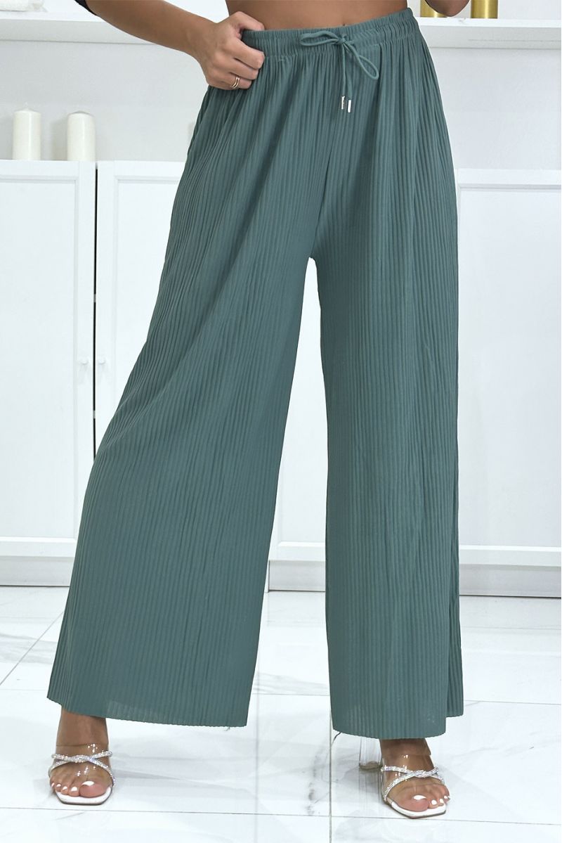 Trendy green pleated palazzo pants - 2