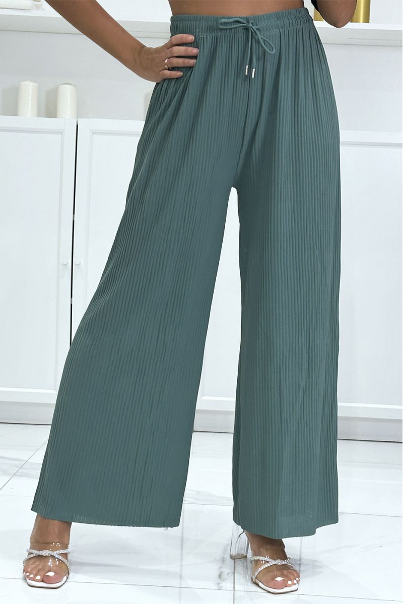 Trendy green pleated palazzo pants - 3