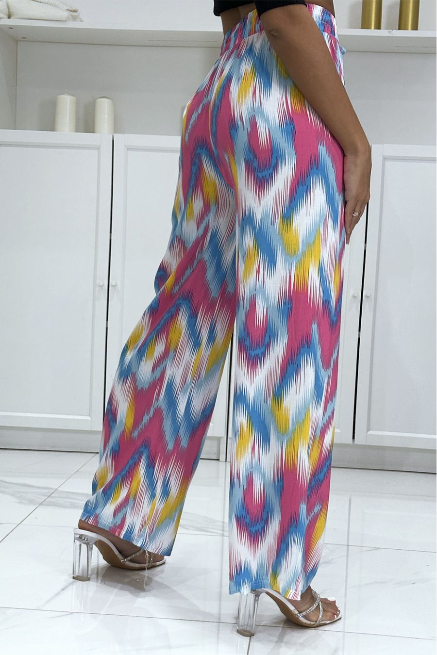 Blauwe en fuchsia palazzo broek met mooi kleurrijk patroon - 1