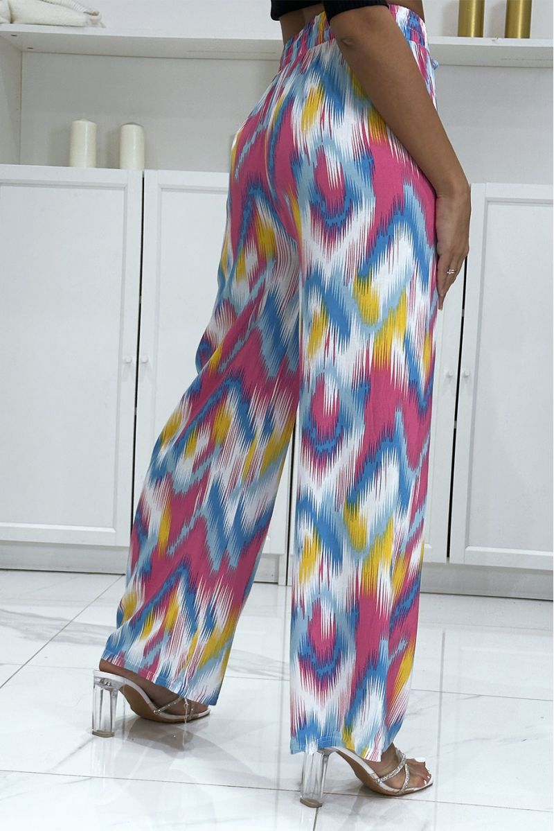 Blue and fuchsia palazzo pants with pretty colorful pattern - 1