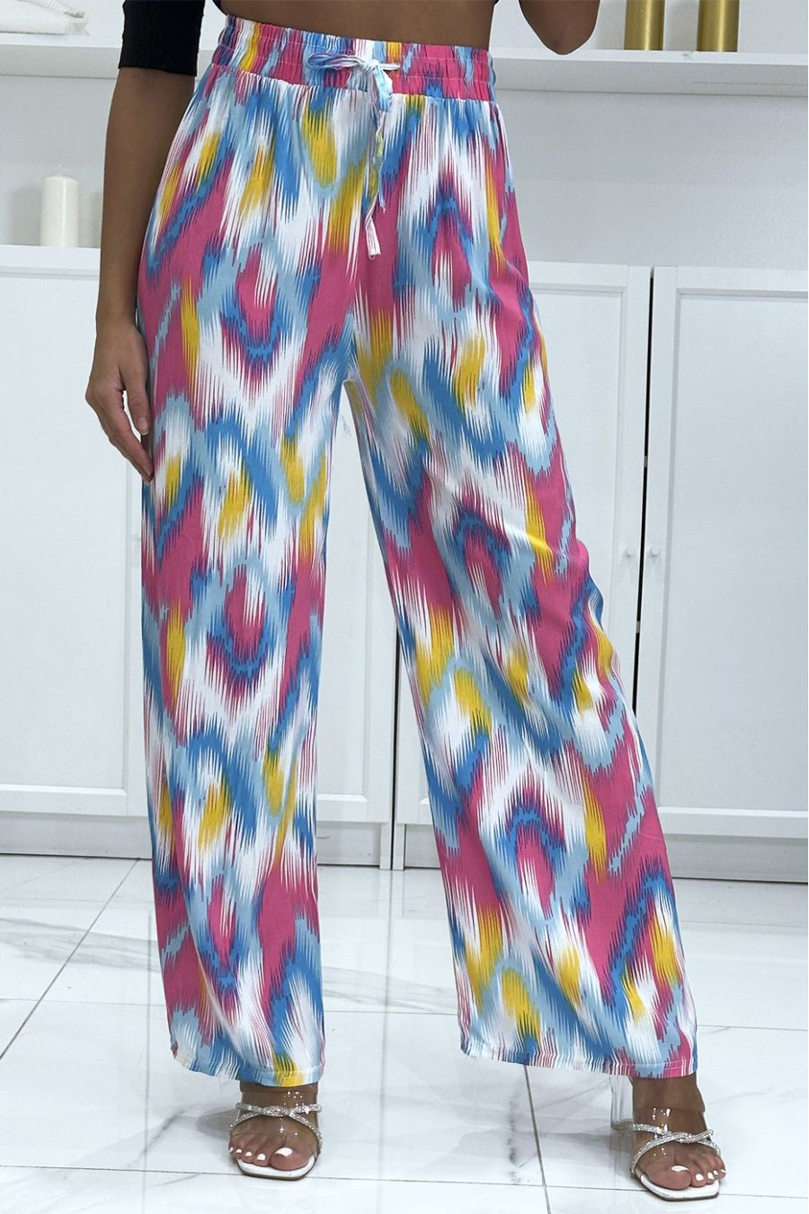 Blauwe en fuchsia palazzo broek met mooi kleurrijk patroon - 3