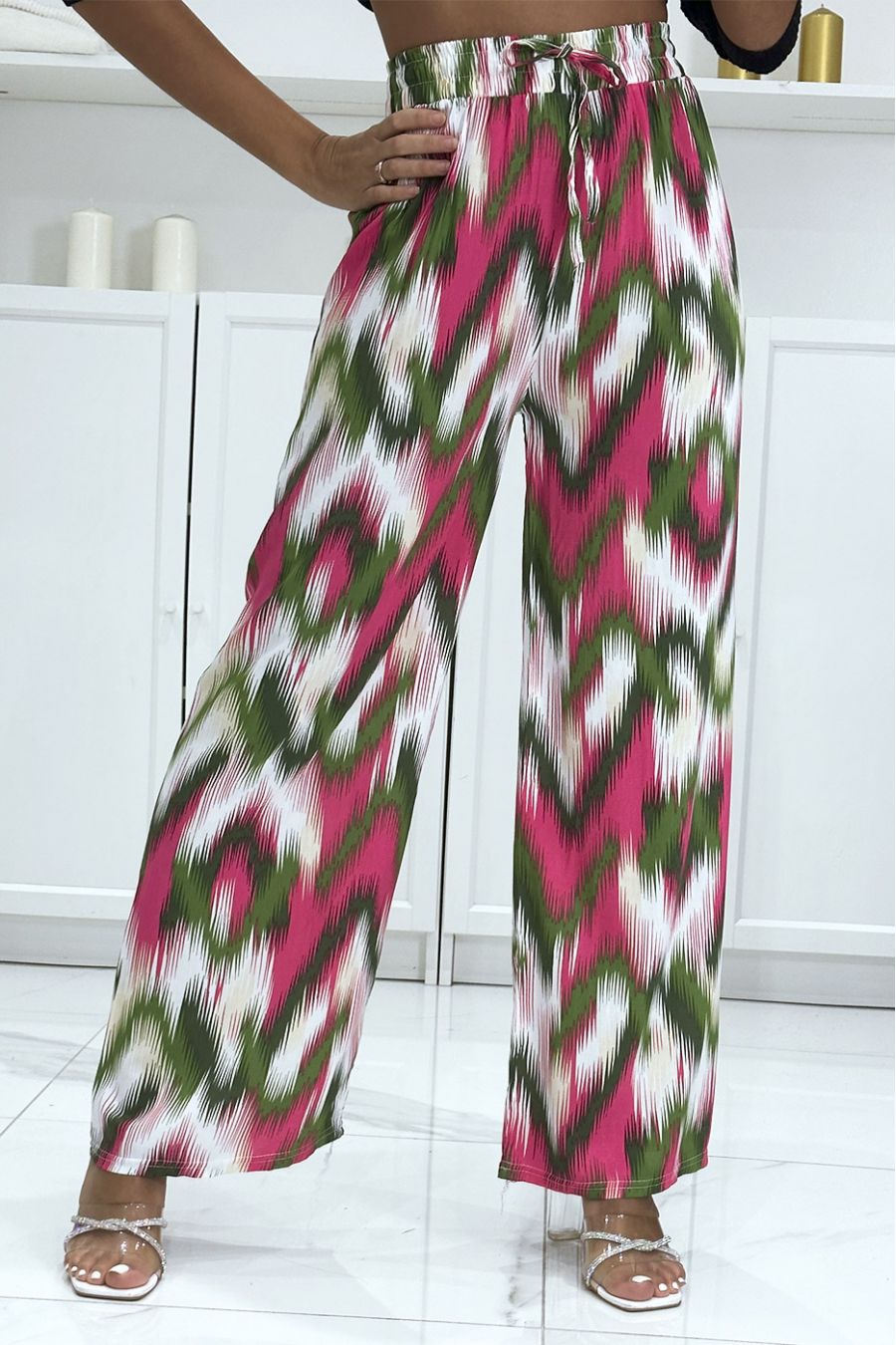 Pantalon palazzo vert et fuchsia avec jolie motif coloré - 4
