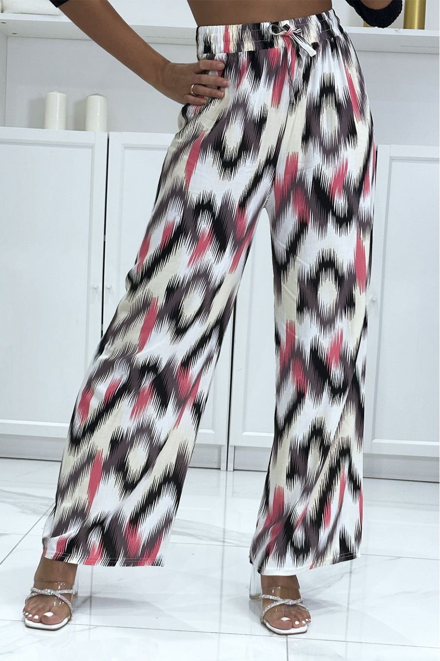 Black and pink palazzo pants with pretty colorful pattern - 3