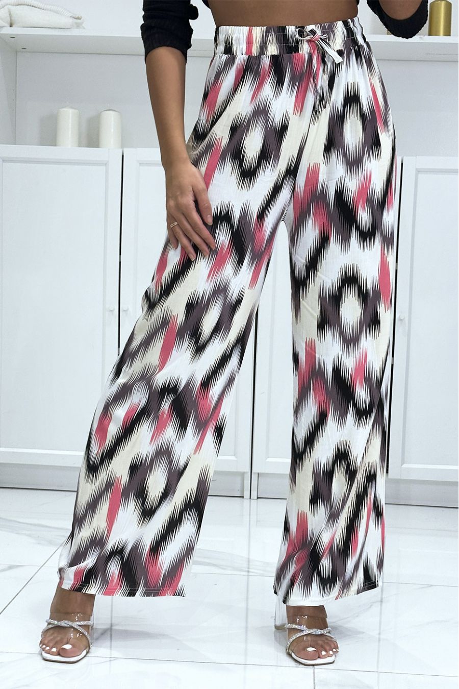 Black and pink palazzo pants with pretty colorful pattern - 4