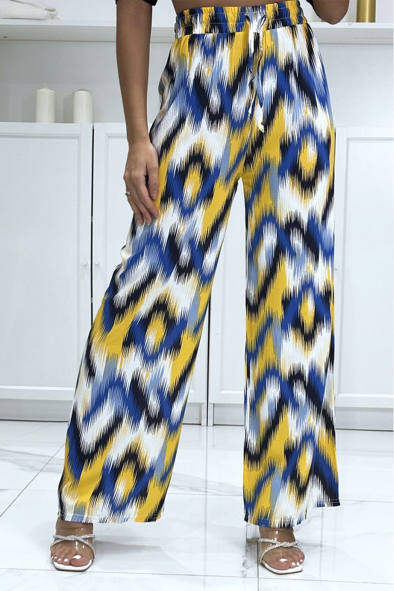 Pantalon palazzo noir et royal avec jolie motif coloré - 3