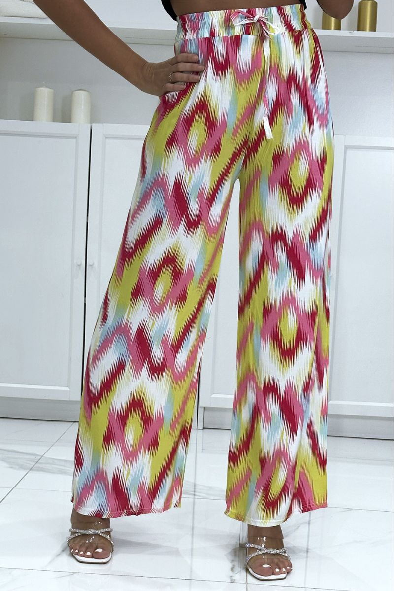 Burgundy and fuchsia palazzo pants with pretty colorful pattern - 2